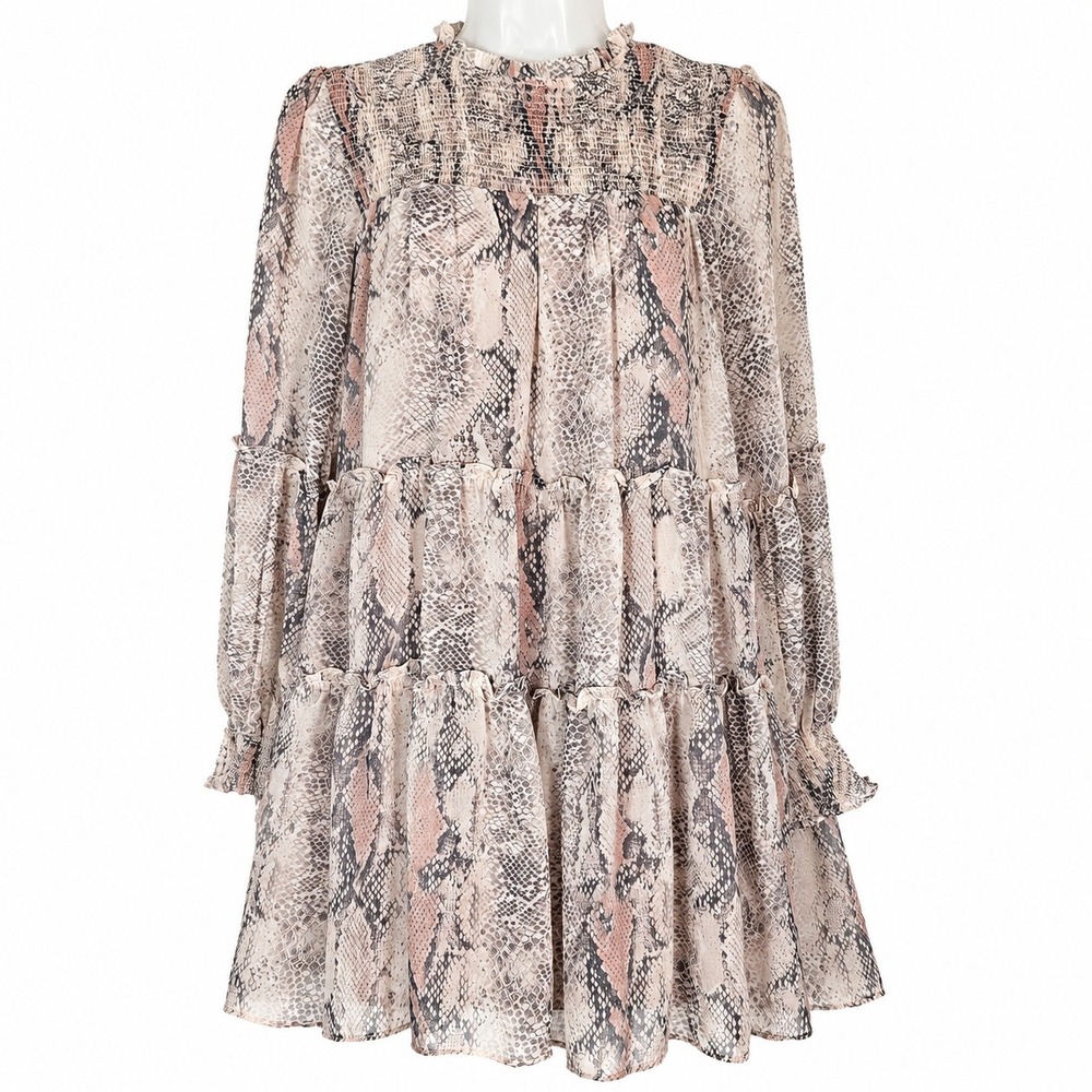 Olivaceous Snakeskin Tiered Mini Dress Womens M Pink Beige Smocked Boho Cottage